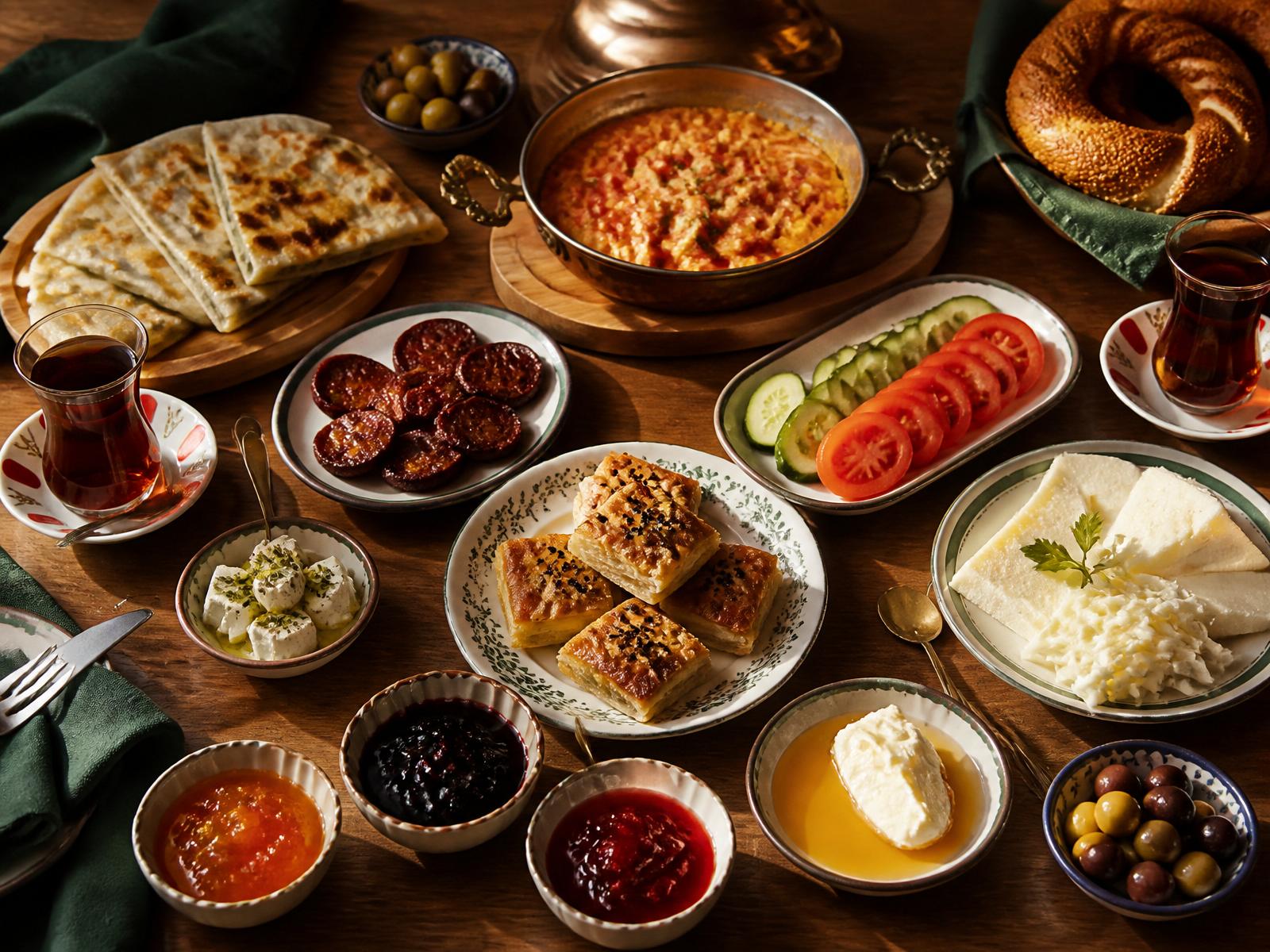Traditional Turkish breakfast spread with menemen, börek, olives, cheeses, jams and Turkish tea